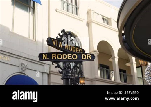 Street sign Via Rodeo and North Rodeo Drive with holiday decor in Beverly Hills Nov 27 2025 Stock Video Footage - Alamy