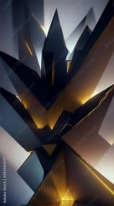 sharp, angular abstract design with jagged metallic edges and glowing accents, contrasting against a dark, matte surface