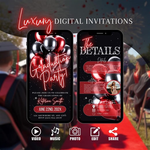 Red Graduation Party Invitation, Digital Graduate Announcement, Modern Black Red Evite, Class of 2026, Editable Ecard, College Graduation - Etsy