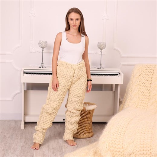 Itchy Wool Pants, Hand Knitted 5 Strands Natural Wool Cable Knit Trousers T1984 - Etsy
