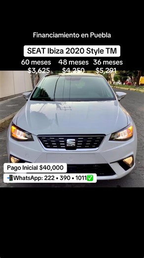 🚗 SEAT Ibiza Style 2022 TM 💰 Precio a financiar: $150,000 📅 Planes de financiamiento: • 60 meses – $3,625 / mes • 48 meses – $4,250 / mes • 36 meses – $5,291 / mes 💵 Pago Inicial: $40,000 ✅ 1 año de garantía 🛡️ 1 año de seguro cobertura amplia incluido #puebla #fyp #parati #viral #autos