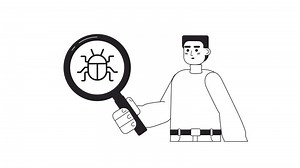 Animated mono bug tester. Man with magnifying glass. Find mistakes. 2D black and white flat character 4K video footage with alpha channel transparency. Thin line art concept animation for web design