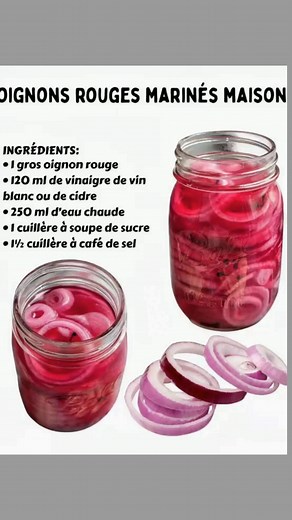 🧅 Oignons rouges marinés maison 🌿 Une préparation simple et naturelle qui apporte couleur, douceur et une touche acidulée à chaque plat. Parfaite pour enrichir les salades, sandwiches, tacos et plats chauds d’automne. 🍶 Ingrédients • 1 gros oignon rouge • 120 ml de vinaigre de vin blanc ou de cidre • 250 ml d’eau chaude • 1 cuillère à soupe de sucre • 1½ cuillère à café de sel 🔆 Préparation • Émincer finement l’oignon rouge. • Mélanger le vinaigre, l’eau chaude, le sucre et le sel jusqu’à co