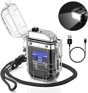 Arc Lighter, Rechargeable Windproof and Waterproof Transparent Plasma Dual Arc Lighter with LED Battery Display, Outdoor Camping Lighter with Flashlight (Black)