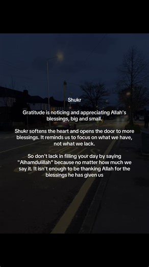 If you think there's nothing major going on in your life to be thankful for then think about the blessings Allah SWT has provided to allow you to read and see this video with your own eyes. Our eyes alone is a blessing so big so huge that no amount of shukr is enough to praise Allah SWT for the eyes he has provided us. May Allah forgive us all for not knowing how to be grateful to him in the best of ways and may Allah SWT allow us to fill our days by thanking him for indeed he has filled our lif