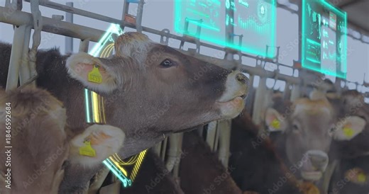 Cattle farm. Smart livestock farm concept. Artificial intelligence controls a large dairy farm. Smart Dairy Livestock Farming. Smart agriculture livestock. Freestall barn for dairy cows. Indoors