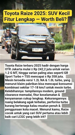 Toyota Raize 2025: SUV Kecil Fitur Lengkap — Worth Beli?