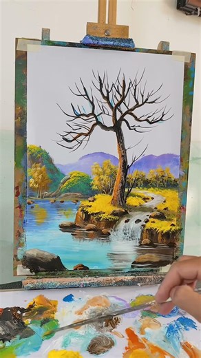 Full Process Painting Beautiful Autumn Waterfall Landscape 🍂 | Relaxing Acrylic Art