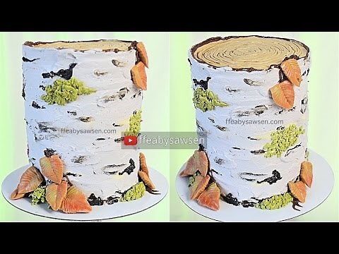 All buttercream birch tree stump cake decorating tutorial - relaxing, satisfying birch tree cake