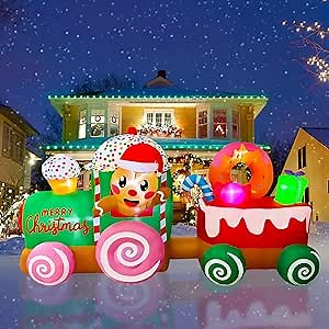 SEASONBLOW 8 Ft Length Christmas Inflatable Train with Gingerbread Man Outdoor Decoration, Xmas Lighted Blow Up Train for Yard Lawn Garden Home Party Indoor Outdoor Holiday Decor