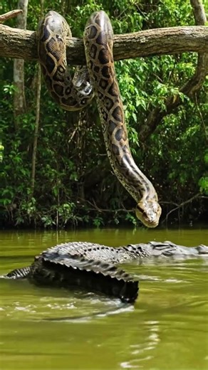 Jungle Standoff: Python vs. Crocodile in the Wild! #Wildlife #Nature #Jungle #Rainforest #Snake
