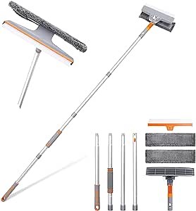 Squeegee Window Cleaner 2 in 1 Rotatable Window Cleaning Tool Kit with Extension Pole, 62‘’ Telescopic Window Washing Equipment with Bendable Head, Glass Cleaning Tools for Indoor/Outdoor High Window