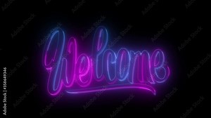 Welcome neon sign fluorescent light glowing on black background. Text welcome by neon lights. The best stock of animation neon flickering, flash and blinks color black background. Typography design Stock Video