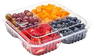 Restaurantware Thermo Tek 8.3 x 2.2 Serving Platters with Lids 100 Disposable Veggie Trays - Square 4 Compartments Clear Plastic Appetizer Platters Serve Fruits At Parties or Catered Events