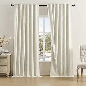 DUALIFE Cream Beige 120 Inch Long Curtains - Extra Long Blackout Linen Drapes for Large Windows Thermal Insulated Room Darkening Curtains for Bedroom/Living Room (W50 x L120 Inch, 2 Panels)