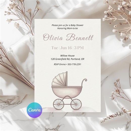 Baby Shower Invitation Template Neutral Carriage Canva Editable Minimalist Invite - Etsy