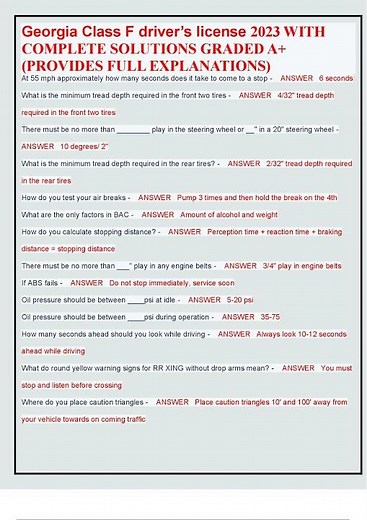 Georgia Class F driver’s license 2023 WITH COMPLETE SOLUTIONS GRADED A+ PROVIDES FULL EXPLANATIONS