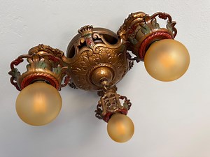 1910's Antique Semi-flush Ceiling Fixture, Colorful 3 Bulb, Original Decor With Deep Red and Green Accents Restored Ready to Install - Etsy