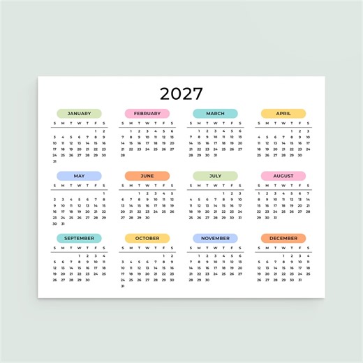 2027 Calendar Minimalist 2027 Wall Calendar Landscape 2027 Yearly Calendar PRINTABLE PDF A3 A4 US Letter Monday & Sunday Start Color Planner - Etsy