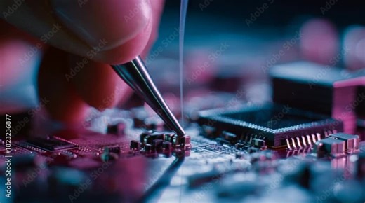 Close up micro soldering on circuit board with precision hand and components