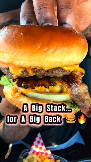 Best Burger in Houston 🍔🔥 | Big Stack Got That Big Back Energy @bigstackburger bringing that Big Back Energy 🍔🔥. Two juicy patties, buttery bun, and that Big Back Sauce hittin’ every time. Fries crispy, lamb chops seasoned, and that rice? Fluffy perfection. Argue with your mama. 👉 Tag someone who swears they know the best burger in Houston. #bestburger #houstonfood #Foodie | Foodie Herb