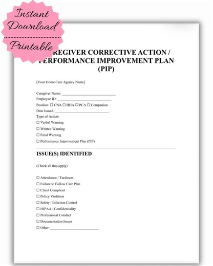 Caregiver Corrective Action Form | Performance Improvement Plan (PIP) Template | Home Care Employee Discipline & HR Documentation | Editable - Etsy