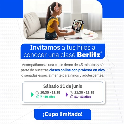 💻 Con Berlitz Play, tus hijos tienen las herramientas necesarias para construir su futuro. ✨🌎 📝 Inscríbelos de forma gratuita en nuestra próxima clase Demo y permite que vivan una experiencia increíble, aprendiendo un nuevo idioma de forma virtual, 🎧🗣️ ¡en vivo, con un profe real, juegos, retos y diversión! 🎮🎉 📆 Sábado 21 de junio. 🔗 7 a 10 años: https://bit.ly/3FV3e5Z 🔗 11 a 13 años: https://bit.ly/45UjA9l #BerlitzPlay #InglésParaNiños #InglésParaAdolescentes #ClaseDemo #México | Berl