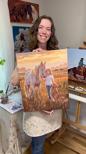 I’m so happy to be able to share this finished commission with you all! This portrait was commissioned for a talented young cowgirl to commemorate the bond with her childhood horse - and the trusty family pup, of course! All horsepeople know how special that first horse is to us, and it was an honor to get to compose this scene. ❤️ #westernart #rodeo #horseart #horsepaintings #westernpaintings #ranchlife #southwestart #cowboyart #petportrait #cowgirlart #oilpainting | Sarah Dean Art