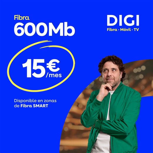 Fibra 600Mb 15€/mes. Nuestra Fibra es SMART, pero a este precio, el inteligente eres tú. 👉🏼 Entra en nuestra web y comprueba si tienes cobertura de Fibra SMART 😊 | DIGI España