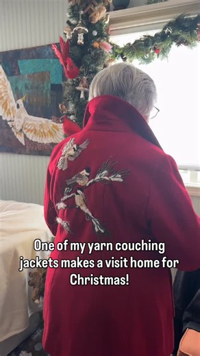 One of my yarn couched art jackets that I don’t include in my trunk shows…because it’s my moms! These little birds are finished on my small Bernina Aurora 440 sewing machine with the # 43 clear couching presser foot. (Typically a standard foot) The machine is threaded in clear thread, neutral thread in the bobbin, and I layer my pattern on wash away stabilizer, which is then layered with tulle in a hoop to do the couching. This results in a free form bird, which is more or less appliquéd into a 