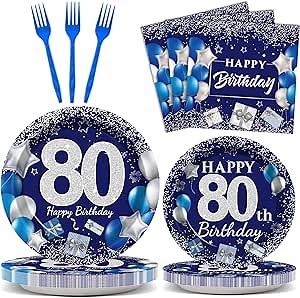 96 Pcs 80th Birthday Party Supplies Navy Blue and Silver Birthday Plates 80th Birthday Paper Tableware Happy Birthday Party Plates and Napkins Forks Blue Birthday Table Decorations for 24 Guests