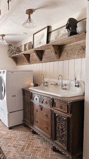 I wanted a rustic shelf spanning the whole laundry room…not for practical things, but for cool, cute things😁 We shipped out a bunch of old barn wood from Trav’s grandpa’s farm in Indiana…sentimental and sweet 🥰 It’s an imperfect shelf, but oh so perfect! I love it! And, I found a spot for my Thrifted watercolor painting🙌 #laundryroom #laundryroomdecor #laundryroommakeover #rusticshelf #shelfie #shelfiedecor | My Vintage Porch