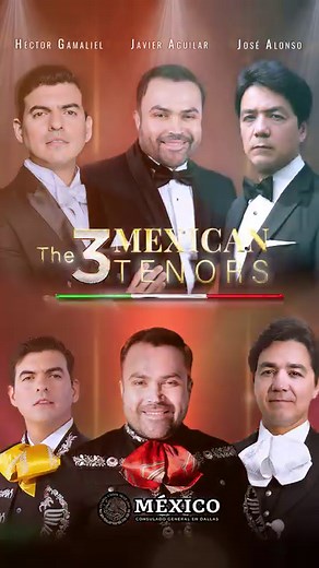 🇲🇽The 3 Mexican Tenors2023México is home to outstanding lyrical vocalists and artists of traditional Mexican music, many of whom are internationally renowned for their exceptional voices and artistic integrity.🇲🇽 Javier Aguilar, Jalisco 🇲🇽 Hector Gamaliel, Tamaulipas 🇲🇽 José Alonso - Tenor, Jalisco Continuing the great tradition of Mexican vocalists, the incredibly talented tenors Javier Aguilar, Héctor Gamaliel and José Alonso are delighted and honored to present a special night of exce