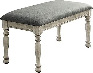 Benjara, Gray and White Transitional Fabric Upholstered Wooden Bench