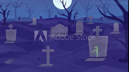 Animated cemetery illustration. Haunted graveyard. Nighttime horror. Looped flat color 2D cartoon landscape animation video in HD with gravestones and spooky mist on transparent background