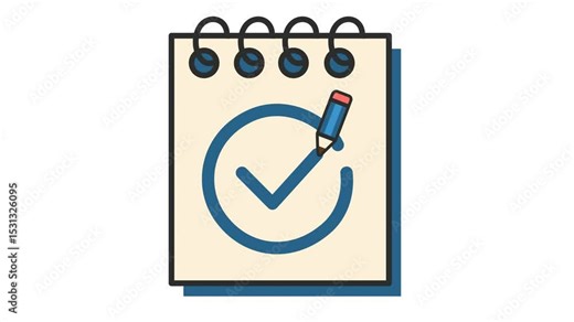 Approved checkmark on task completed notebook icon in cartoon animation. Success checklist with pencil symbol. Productivity achieved. Animated agenda schedule sign. Alpha channel.