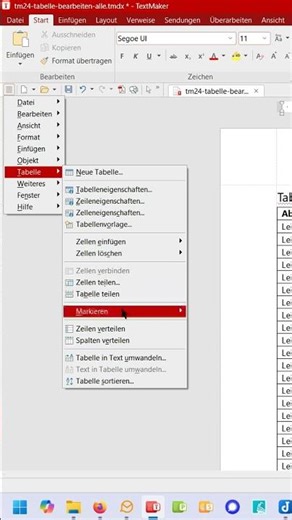 TextMaker Table Editing Hamburger Menu