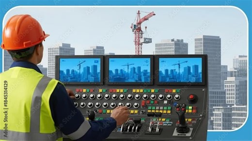 Construction Operator Overseeing Urban Development Project via Advanced Control Panel, Industrial Technology for Modern City Building