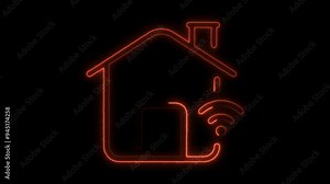 Neon Smart Home Icon, Glowing House with Wi-Fi Signal, Futuristic Connected Home, Cyber Smart Home Technology, Digital Home Automation Icon, Neon Wi-Fi Home