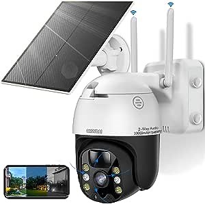 [100% Wireless & Solar Powered ] 2-Way Audio Solar Security Camera Outdoor, WiFi 360° PTZ Dome Camera, 10000mAh Rechargeable Battery Wireless Surveillance Camera, Pan Tilt Camera, Color Night Vision