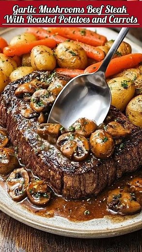 Garlic Mushrooms Beef Steak With Roasted Potatoes and Carrots🍠🥩, RECIPE⬇️⬇️,#beefsteak #steak #beef