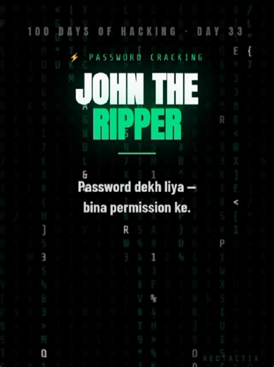 🔓 John the Ripper — Crackers Ka Favorite Tool Ye wahi tool hai jo ethical hackers use karte hain passwords test karne ke liye. Wordlist attack, brute force, aur rule-based cracking — sab kuch cover kiya is video mein 🧠 Apna password strong samajh rahe ho? Pehle ye video dekho 👀 #JohnTheRipper #ethicalhacking #infosec #bugbounty #linux