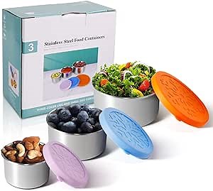 ikitchen Stainless Steel Food Containers with Lids, Set of 3 Small Condiment Containers, Lunch Box Reusable Snack Containers, Nesting Metal Food Storage for Sauces/Nuts/Fruits