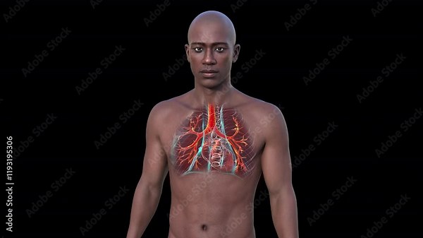 Human respiratory system, 3D animation showing transparent male body with highlighted lungs, bronchi, trachea, and larynx.