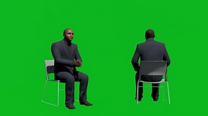 Business african man sitting on chair in front view and back view, realistic 3D people rendering isolated on green screen.