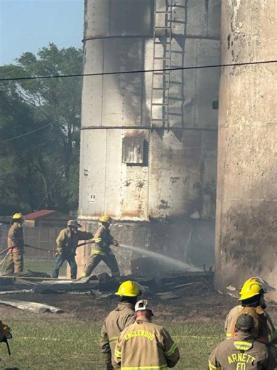 Multiple departments battle grain elevator fire in southwest Kansas