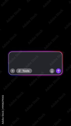 Animated AI chat bot vertical interface. Glowing input LLM text box. Mobile claude artificial intelligence prompt area. Large language models UI template. Transparent overlay