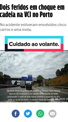 Na tarde desta terça-feira, um acidente a envolver duas viaturas ligeiras, um motociclo e um camião de transporte de betão está a provocar o corte de duas faixas (central e esquerda) da VCI, junto ao nó da Via Norte, no sentido Ponte do Freixo-Arrábida. A circulação faz-se apenas por uma de três faixas. Foram registados dois feridos ligeiros. Os Bombeiros Sapadores do Porto, a PSP e os Bombeiros Voluntários Portuenses estão no local, bem como uma Viatura Médica de Emergência e Reanimação (VMER).