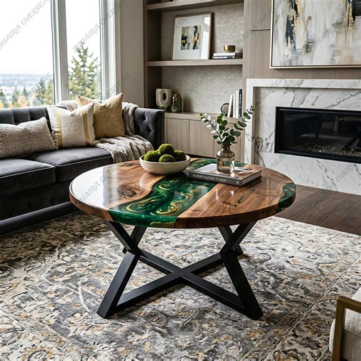 Green Gold Resin Round Coffee Table, Natural Wood Epoxy Table, Rustic Living Room Centerpiece - Etsy