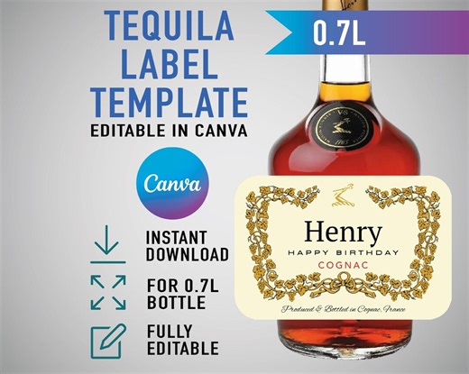 Cognac Template, Custom Hennessy Label, Personalized DIY Gift for Birthday, Wedding, Editable in Canva - Etsy
